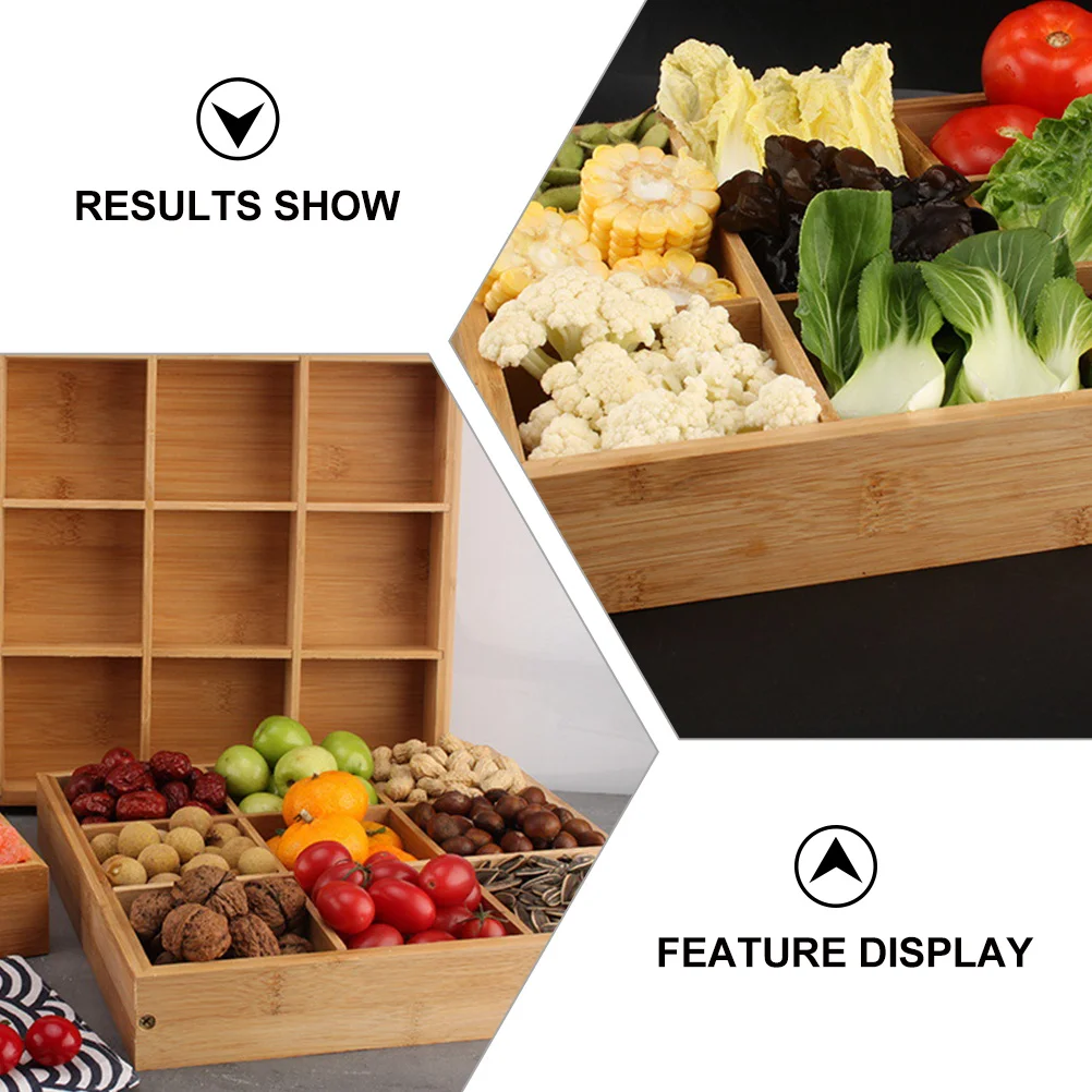 

Square Divided Nine-Grid Snack Tray Premium Phyllostachys Pubescens Food Plate for Party Family Wedding Candy Dried