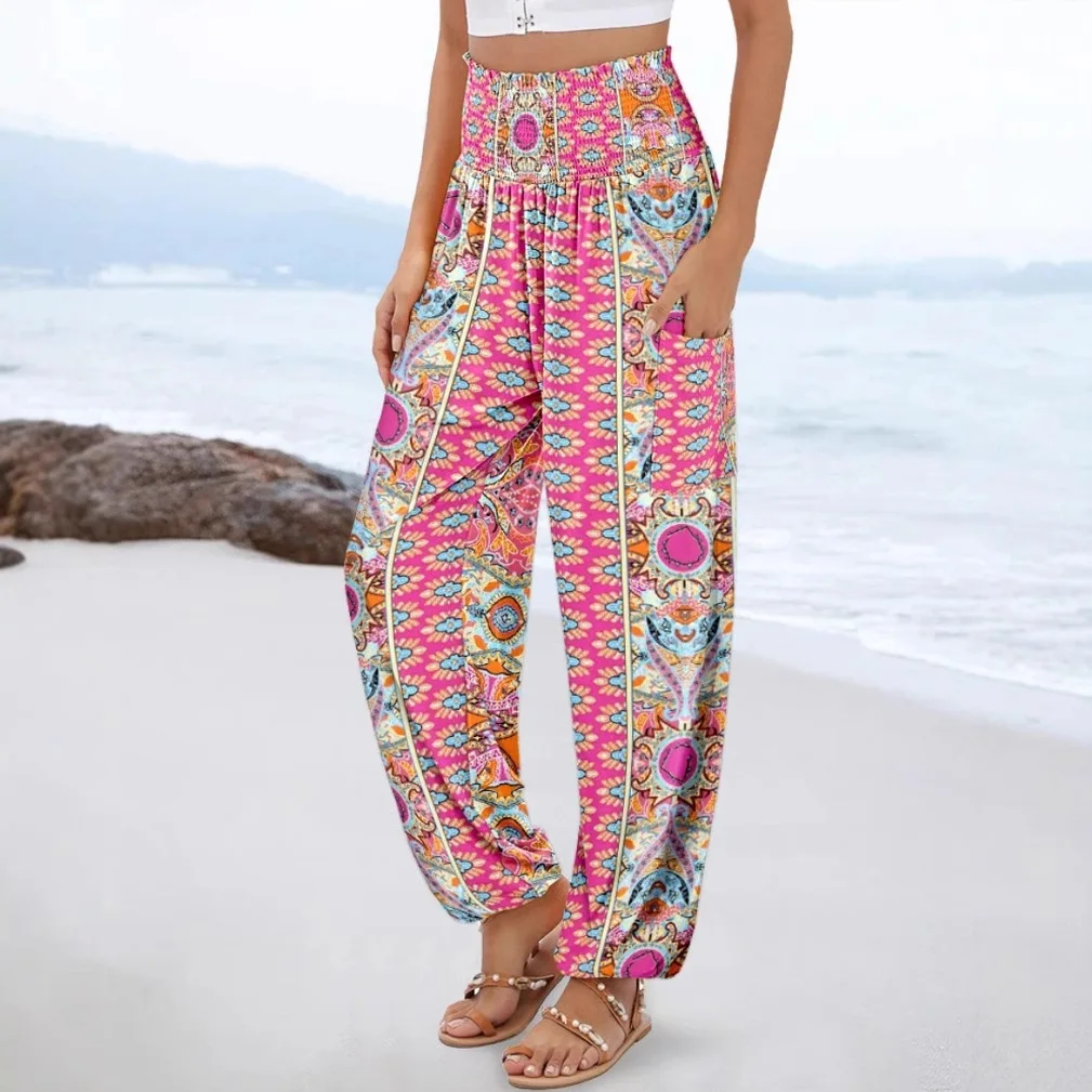 Women Bohemian Printed High Waist Harem Pants Elastic Smocked Waist Side Pocket Loose Trousers Beach Vacation Casual Outfit