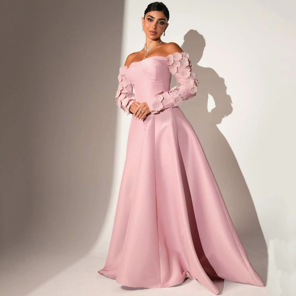 

Customized Strapless Flower Appliques Pink A-line Satin Evening Dresses Draped Backless Full Sleeve Floor Length Party Prom Gown