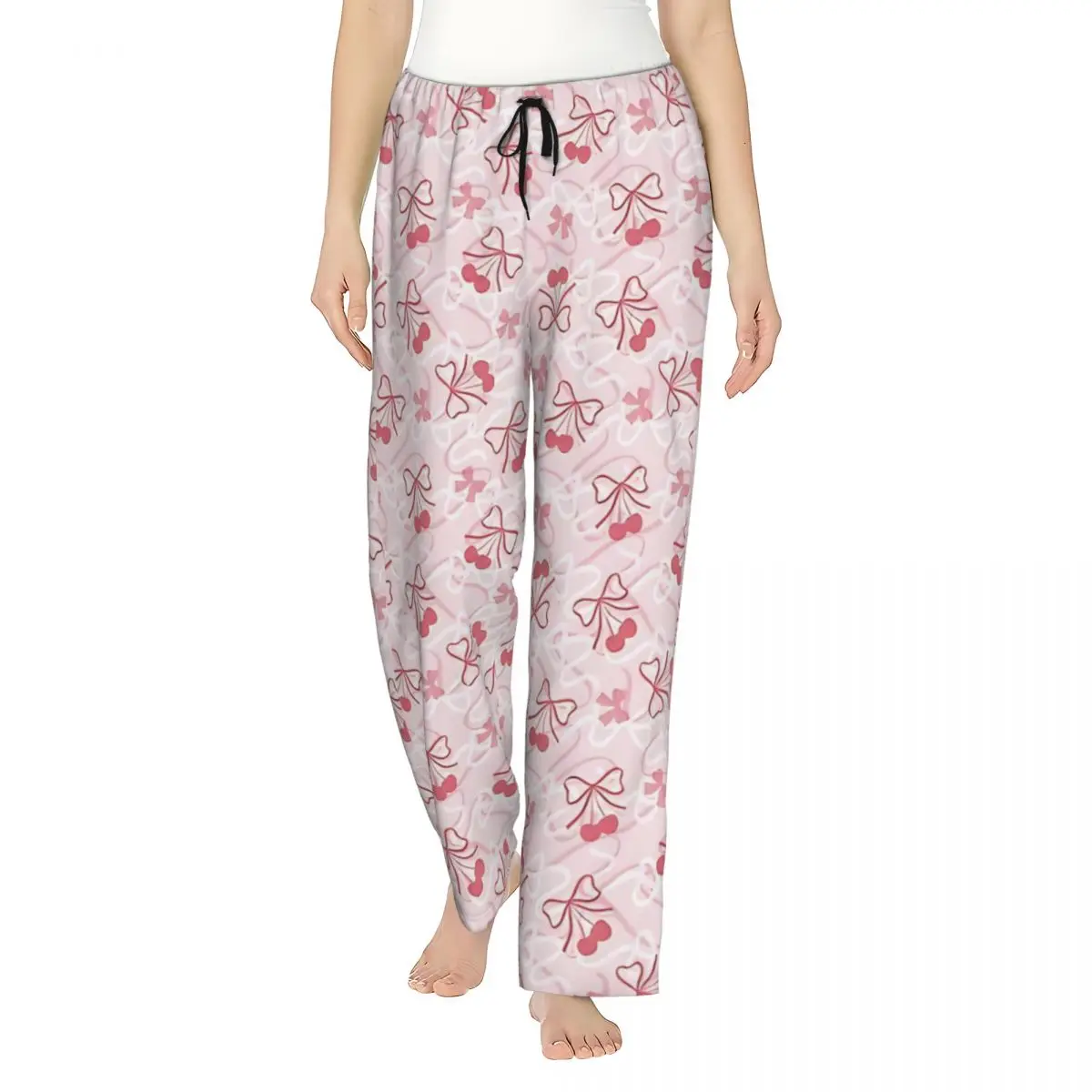 

Girl's Pajama Pants Sweet Pink Cherries And Bows Lounge Pants Loose-Fit Pink Bow Cherry Pattern Pajama Bottoms Dorm