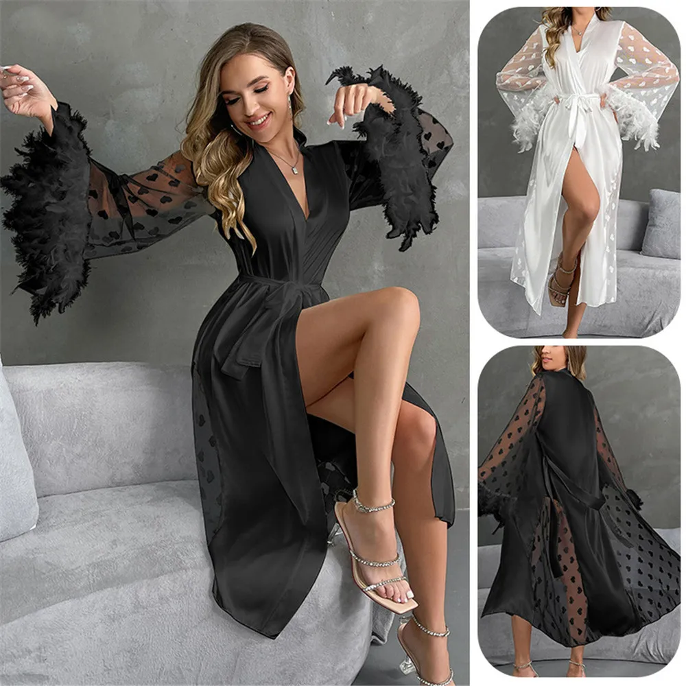 Sexy Lace Patchwork Bride Wedding Long Robe Luxury Feathers Cuff Negligee Kimono Bathrobe Elegant Satin Home Dress
