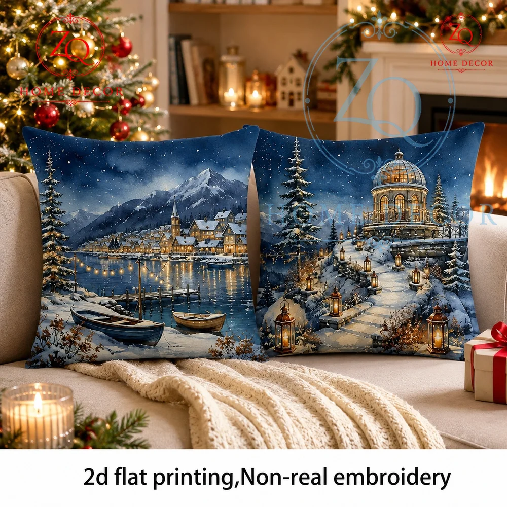 Christmas Winter Village Lake Scene Throw Pillow Cover Watercolor Night Snowy Coastal Town Cushion Case  Holiday Home  Decor
