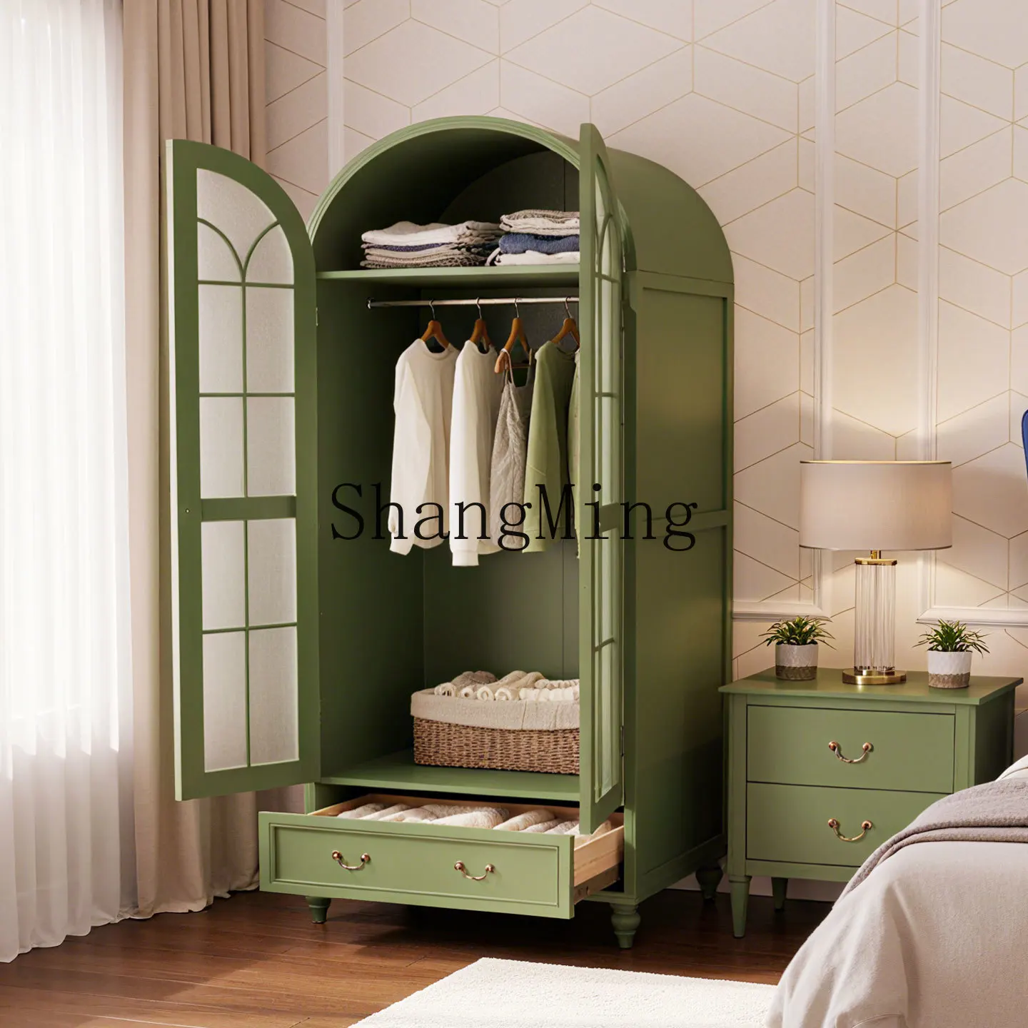 

CL pure solid wood arched glass door wardrobe 1 meter bedroom independent opposite door small apartment wardrobe storage cabinet