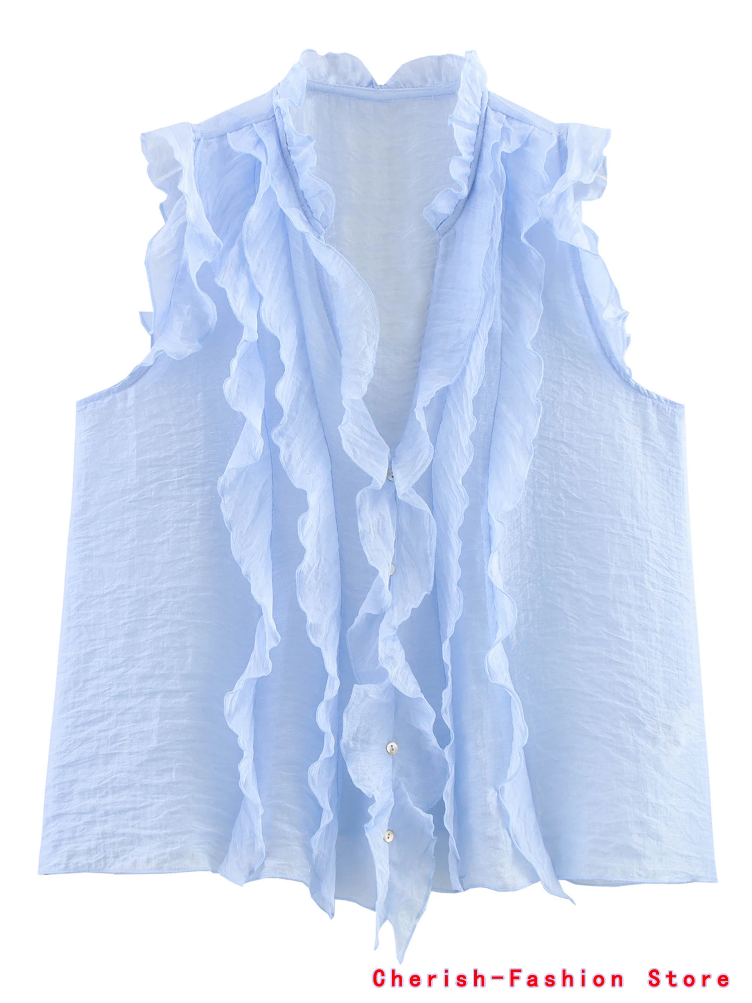

2025 New Fashion Sexy Women Translucent Ruffles Blouses V-neck Single Breasted Tierred Causal Tops Beach Style Solid Shirt