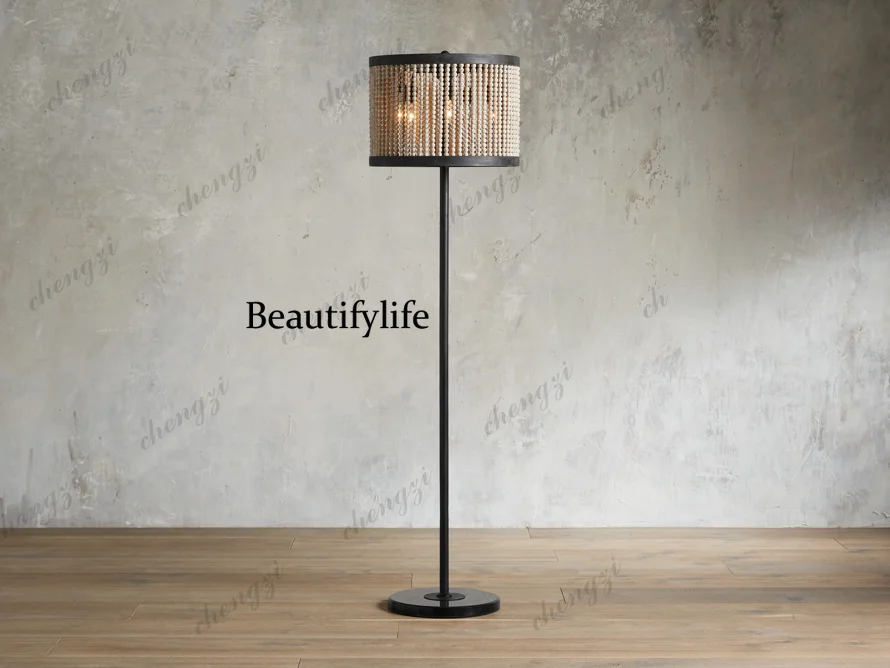 Retro wood bead table lamp villa living room bedroom bedside American minimalist creative floor lamp high sense