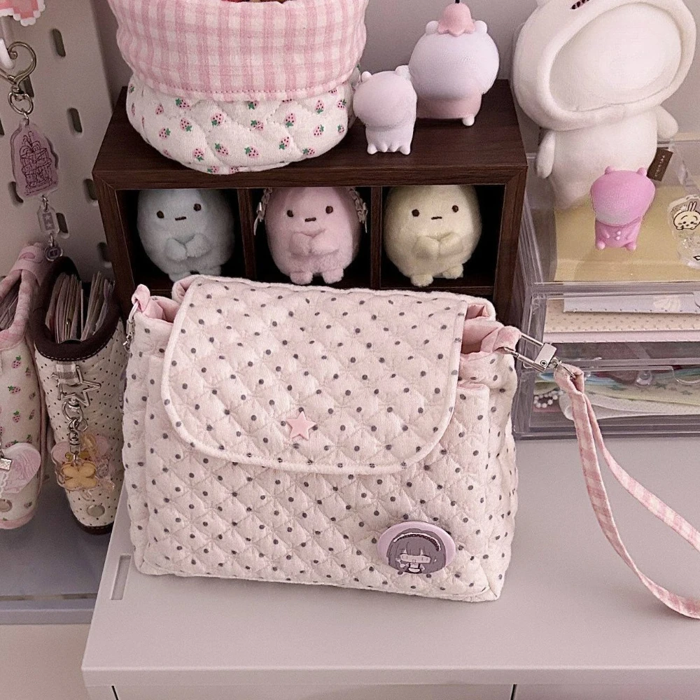 Pink White Polka Dot 3-Layer Handmade Storage Pouch Ins Aesthetic Decorative Organizer Bag DIY Portable Makeup Cosmetic Case