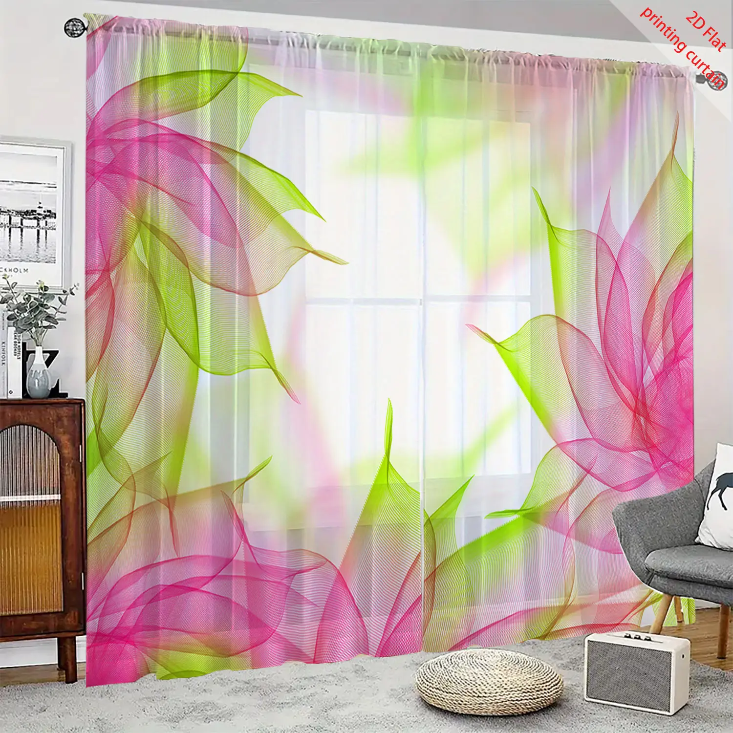 2D floral printed transparent gauze curtain, beautiful home decoration, bedroom, living room, kitchen, balcony decoration
