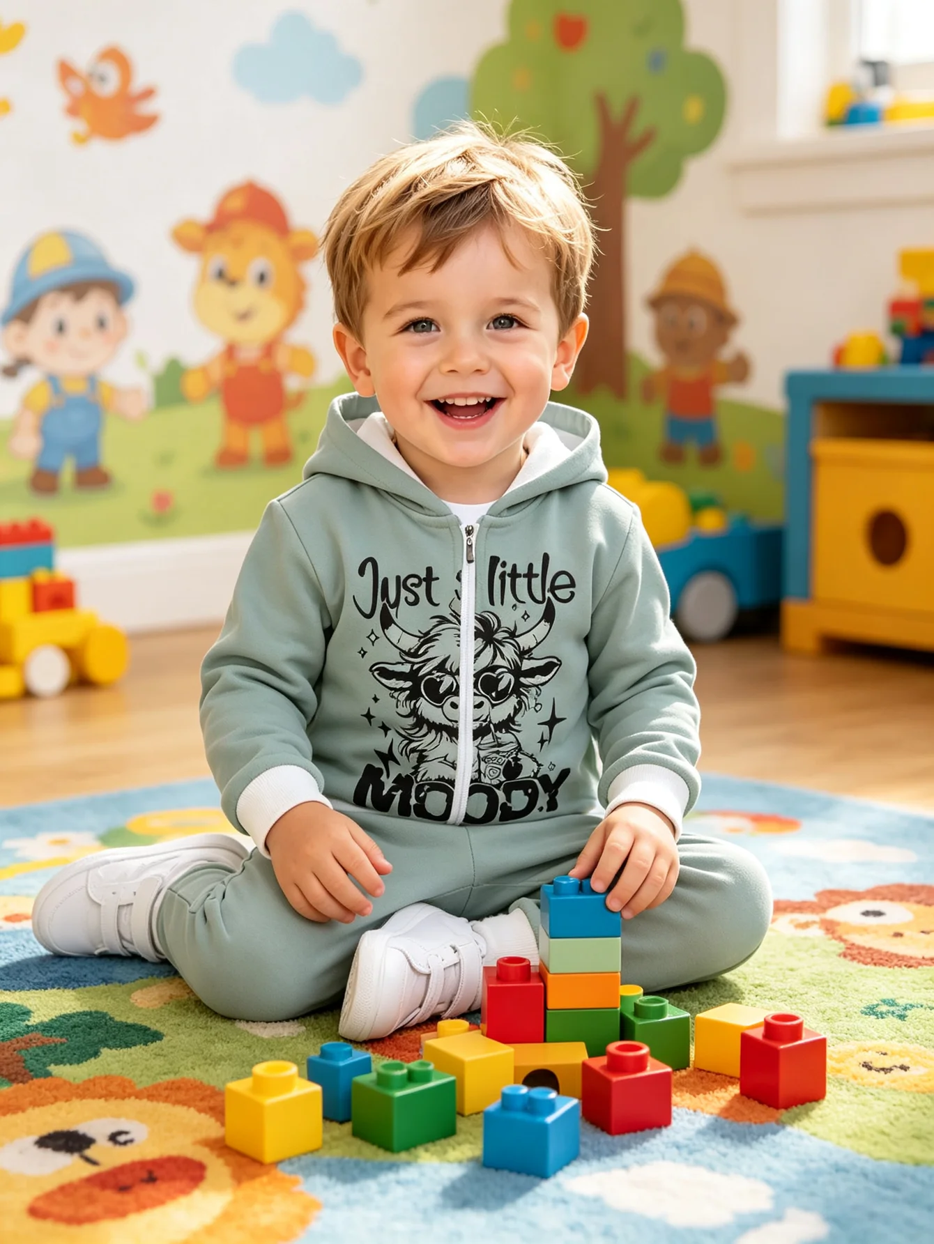 Hooded Zip Up Loose Sweatshirt Pants Set Funny Cow Letter Print Light Green Long Sleeve Loose Fit Boys Fall Winter New Style Tre