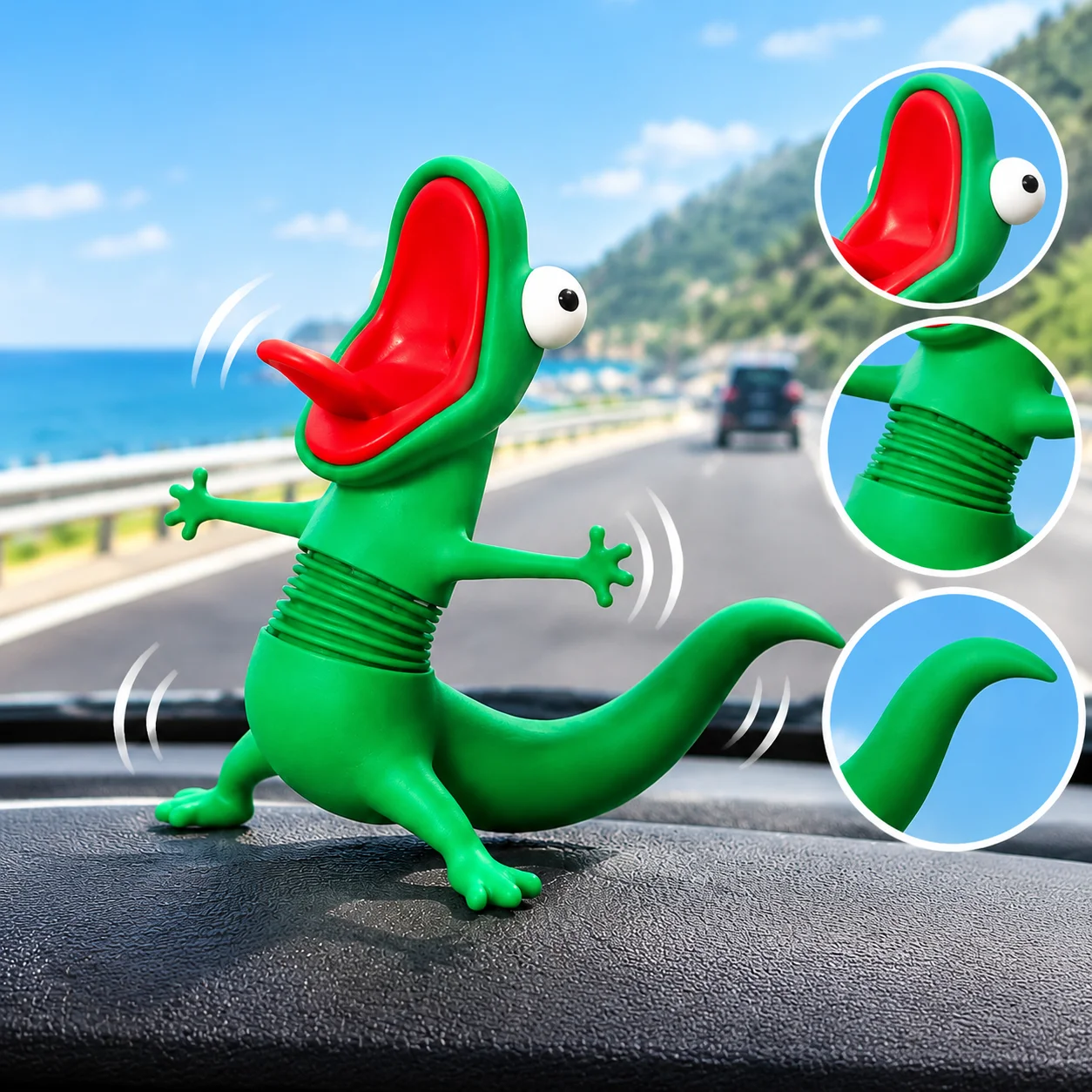 3D Printed Green Lizard Meme Toy Shaking Spring Decompression Ornament Cute Dashboard Decor For Gift Car Accessories