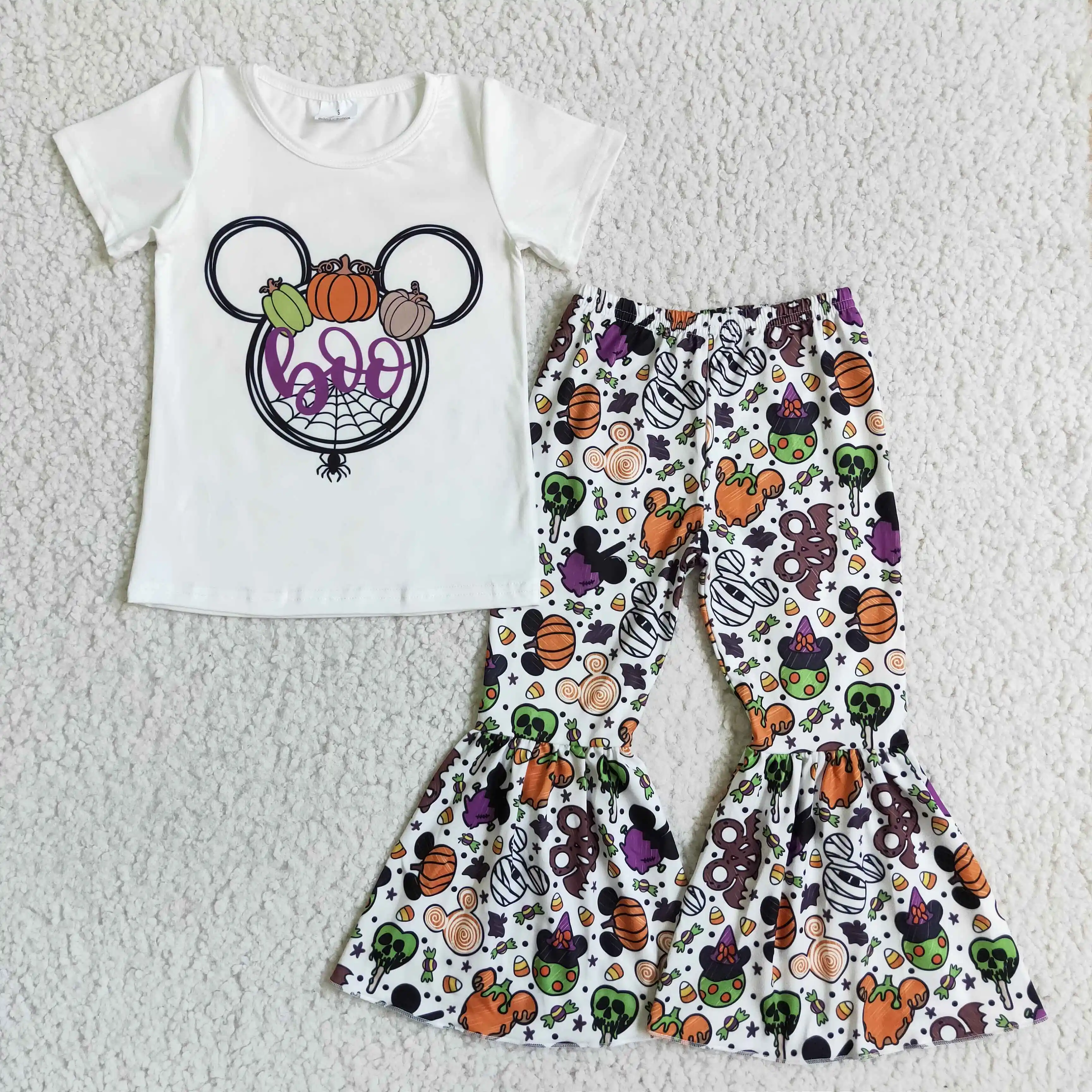 Factory Supply Wholesale RTS Baby Pumpkin Festival Apparels Kids Bell Bottoms Set Girls Halloween Clothes Outfits