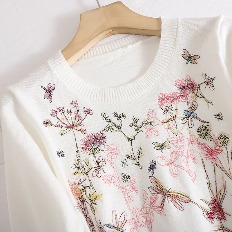 Embroidery Flower 2024 Autumn Winter Luxury Brand Design White Knit Long sleeves Sweater For Women Knitwear Pullover Clothes