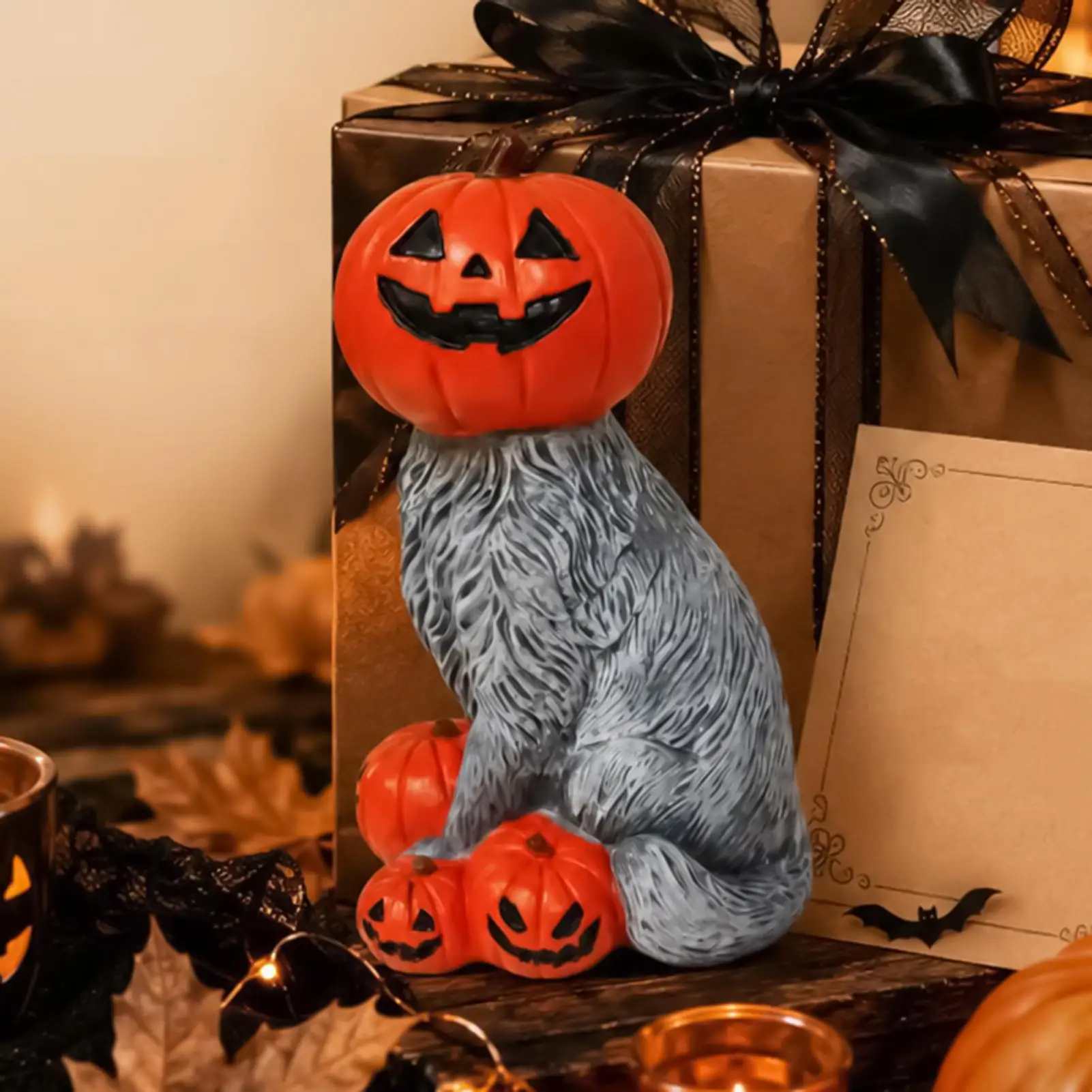 Halloween Cat Statue Resin Pumpkin Cat Vintage Decorative Holiday Animal Figurine For Home Desk Shelf Entryway Fireplace Mantel