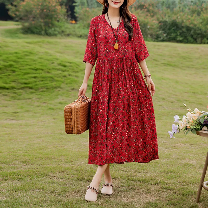 Neue Mode Lässig 2025, Sommer Kleider Für Frauen Vintage Kurzarm Oansatz Druck Lose Blumen Kleid plus größe Frauen Kleidung