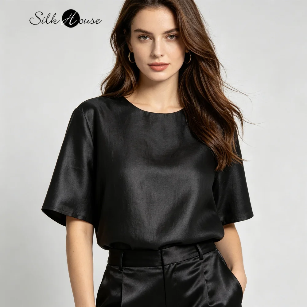 Plus Size Light Luxury 100% Natural Mulberry Silk Fragrant Cloud Yarn Black Versatile Women's Round Neck Short Sleeved T-shirt