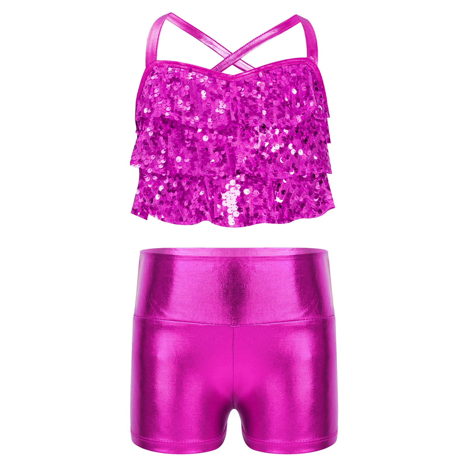 Kids Girls Hip Hop Jazz Dance Outfit Glittery Sequins Metallic Crop Top with Shorts for Gymnastics Birthday Party School Show