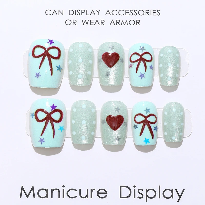 10Pcs Korean Style Women and Girls Cute Blue Heart and Bowknot Press On Nails Little Fresh Style Cat-eye Reusable Fake Nail Art