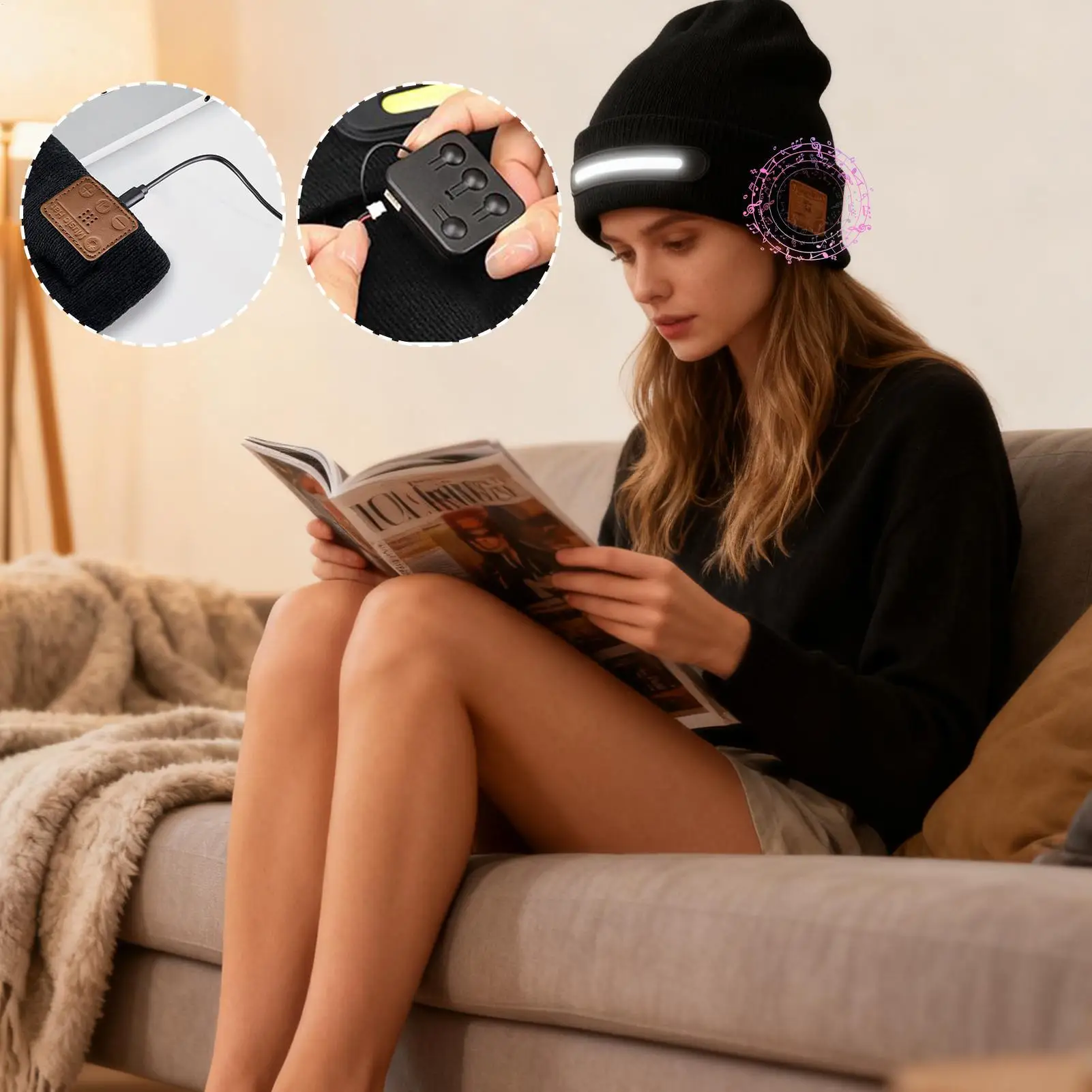 

Wireless Beanie For Men Knitted Warm Night Safety Wireless Music Beanie With Light For Boyfriend Teens Men Women Girls Gym