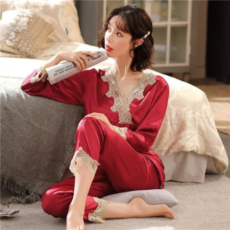 Ice Silk Pajamas Women Long Sleeve Lace Green Premium Sense Two Piece Sweet Homewear Love Blue