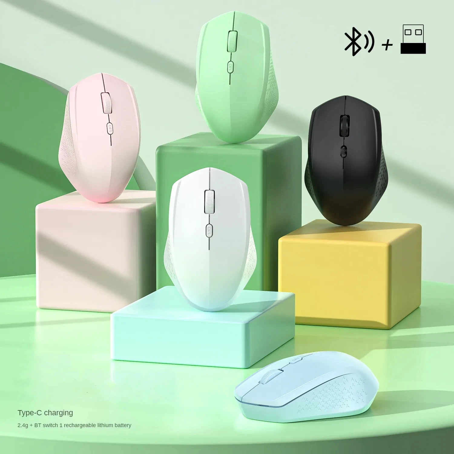 Rato sem fio de modo duplo, ratos de jogo silenciosos recarregáveis tipo C 1600DPI para laptop MacBook IPad, mouse de escritório mudo ergonômico