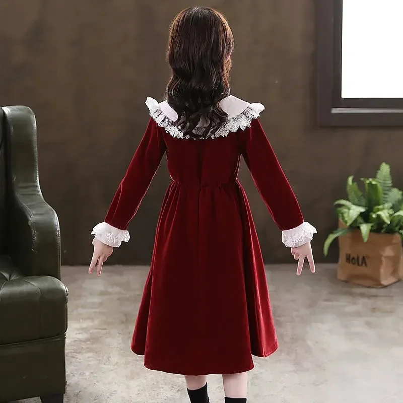 2023 Teenager Kinder Kleidung Winter Herbst Mädchen Kleid Kinder lange Ärmel Wein rote Spitze Manschetten Prinzessin Perle 4 8 9 10 6 12 Jahre