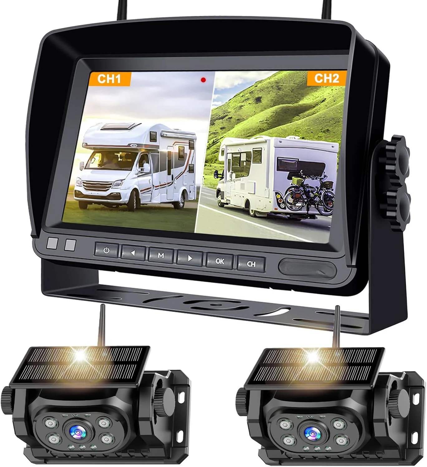 2 Magnetic Wireless Backup Camera with 7''HD 1080P DVR Monitor System,15000mAh Rechargeable Waterproof Dual Solar Reverse Camera