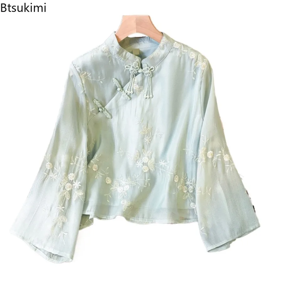 Blusas femininas estilo chinês, colarinho monocromático, tops bordados com flores, roupas vintage, elegante hanfu, primavera, novo, 2021