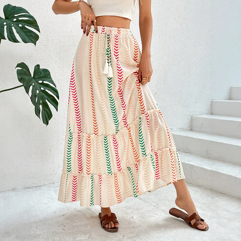 2026 Fashion Boho Print Tiered Maxi Skirt Elegant High Waist Ruffled Hem A Line Long Skirt for Woman Beach & Vacation Outfit