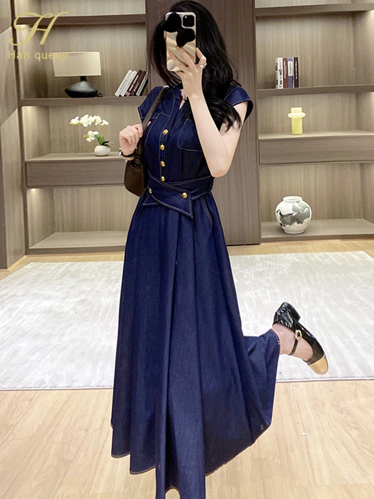 H Han Queen Summer Chic Women Blue Denim Long Dress High Waist A-line Lace up Single breasted Thin Elegant Street Party Dresses