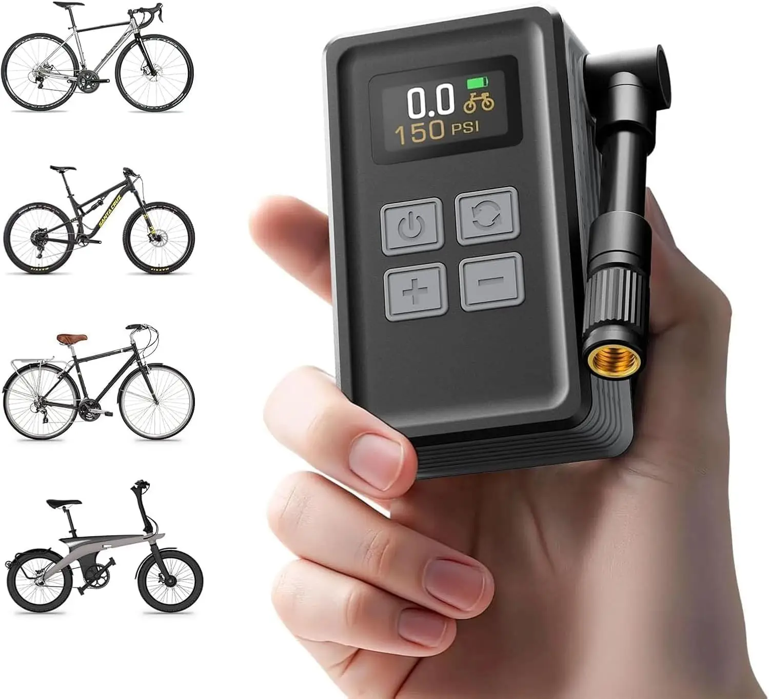 

Mini Electric Bike Pump with Gauge, 150PSI, Presta/Schrader, Auto Stop, 4X Faster, Portable for E-Bike, MTB, Road Bike