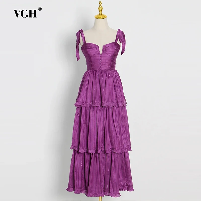 

VGH Elegant Solid Patchwork Lace Up Dresses For Women V Neck Sleeveless High Waist Spliced Button Camisole Dress Female Style