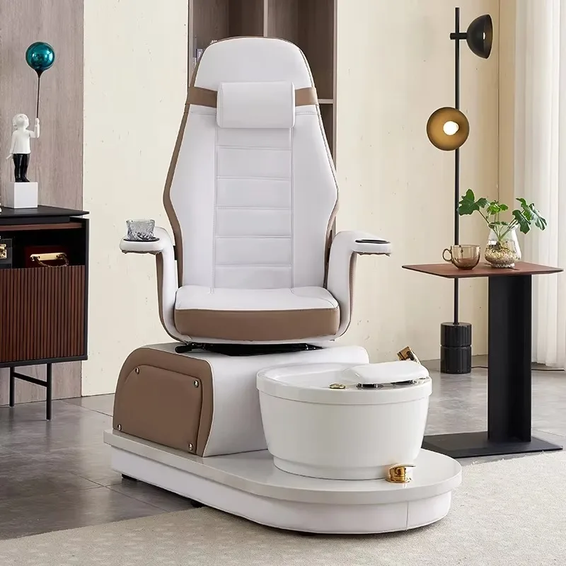 Luxury Pedicure Chair White Brown 360 Swivel Reclining Whirlpool Foot Bath Tub Armrest Cup Holder Chair for Nail Salon