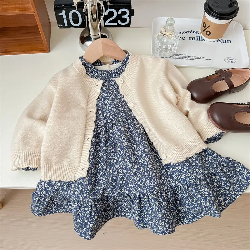 

Children's clothing set Spring and Autumn girls' knitted cardigan floral dress two-piece set long sleeved set sweet