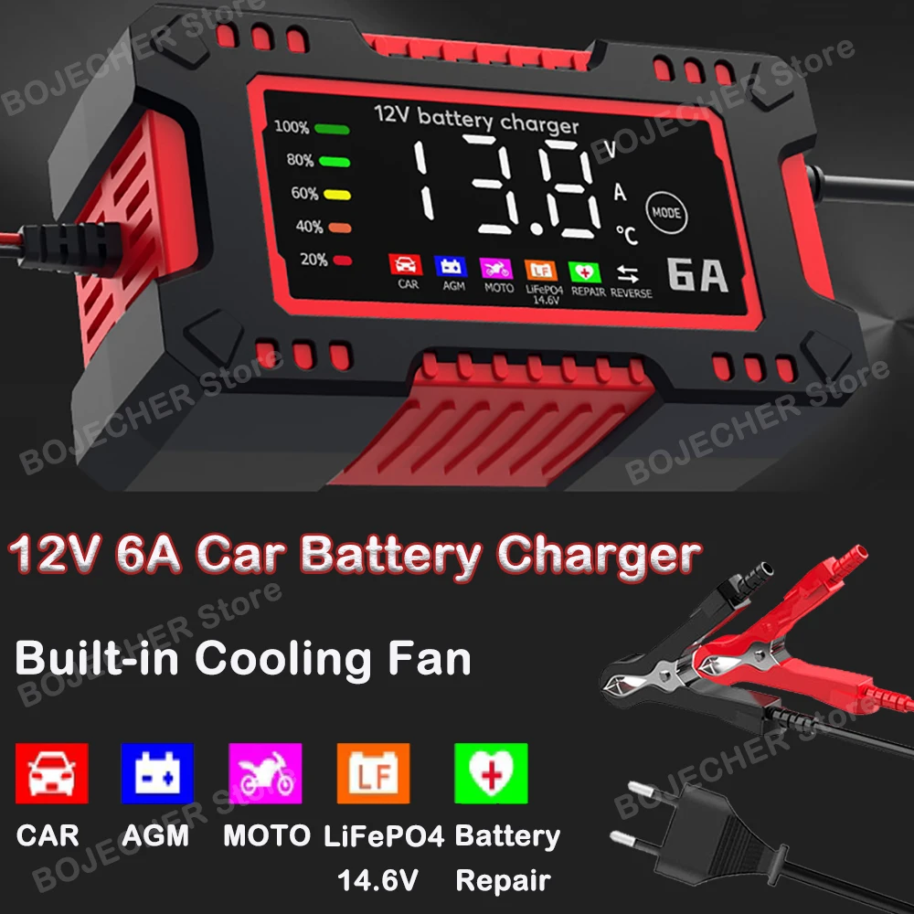 14.6V 6A Car Battery Charger 12V 6A Color Display Electric Motorcycles Smart Charger For LiFePO4 Lead Acid AGM Battery Repair