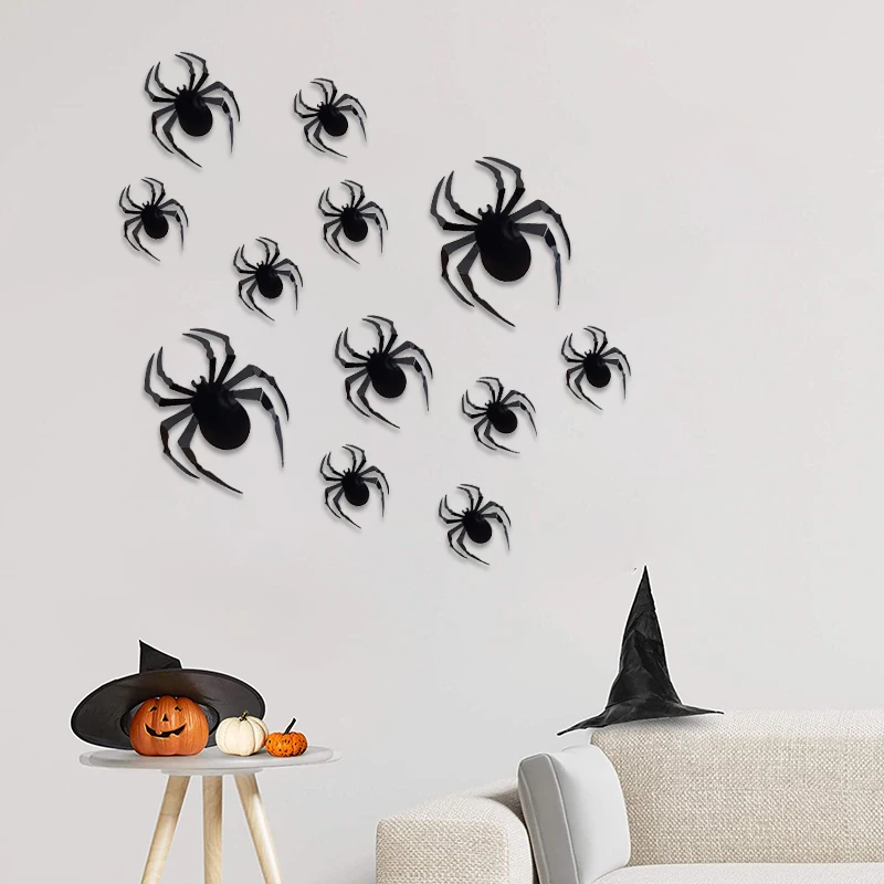 12Pcs/Set Halloween 3D Black Spider Wall Stickers Halloween DIY Decorative Wall Decal Halloween Horror Spider Removable Stickers