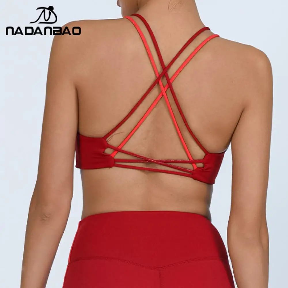 Nadanbao Fashion Patchwork Women's Sports Bra Sexy Cross Back Yoga Vest High Elastic Soft Underwear for Yoga Fitness Ladies Tops