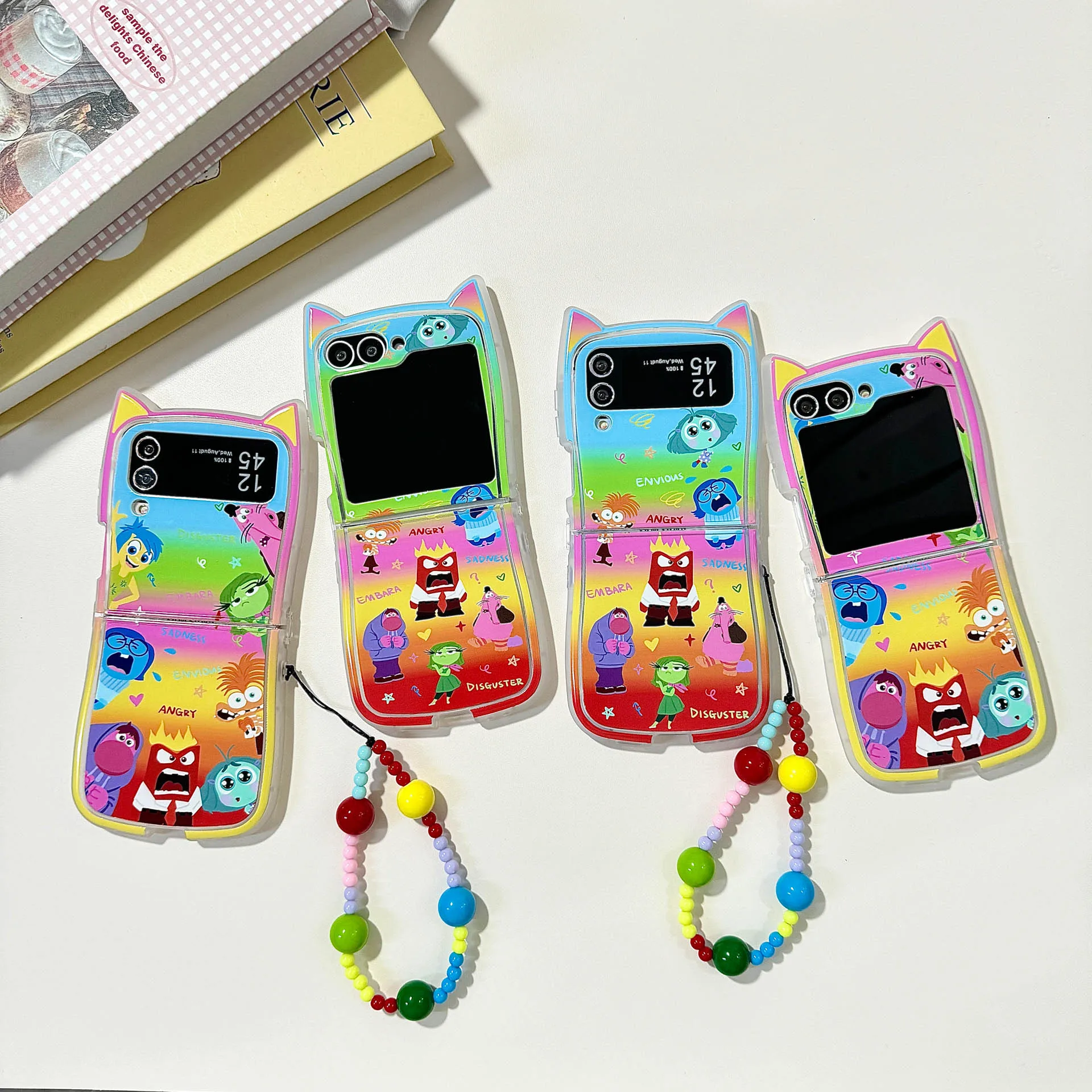 3D Cartoon Inside Out 2 Ear Cat with Lanyard Phone Case for Samsung Galaxy Z Flip 3 4 5 6 5G PC Hard Anti-drop Back Cover Funda