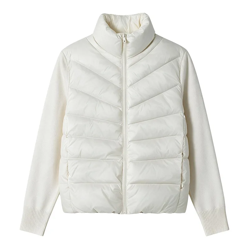 Women Stand Collar Short Down Jacket Knit Sleeve Spliced Duck Down Warm Minimalist Solid Color Zip Up Winter Outerwear Cardigan