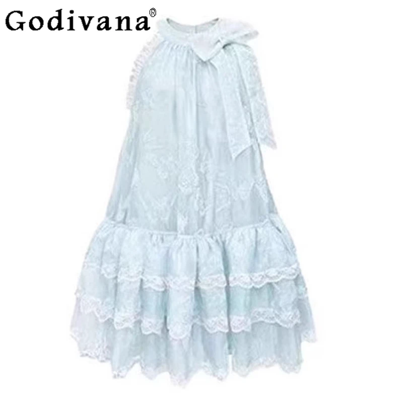 

Elegant Lace Sweet Bow Loose Suspender Sleeveless Halter Neck Dress Girl Summer Mint Blue Age Reducing Princess Cake Dresses