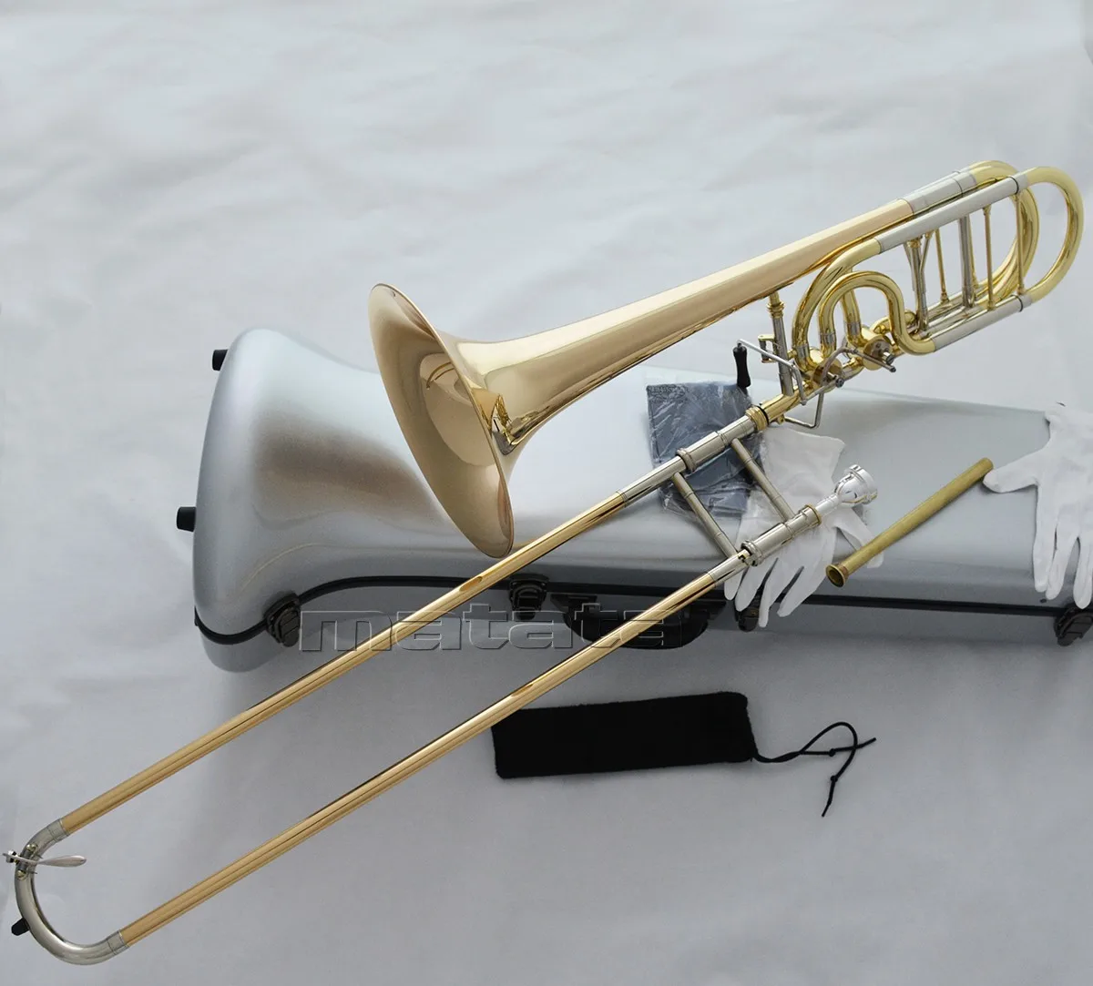 Fast Ship Professional Gold Brass Bass Trombone Double Rotor Detachable Bell Hard Case