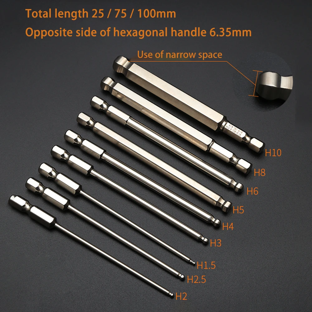 9pcs Magnetic Allen Wrench Drill Bits Ball End Hex Screwdriver Bits Set 100mm Long Ball Head Driver Bit 1/4 Inch Hex-Shank