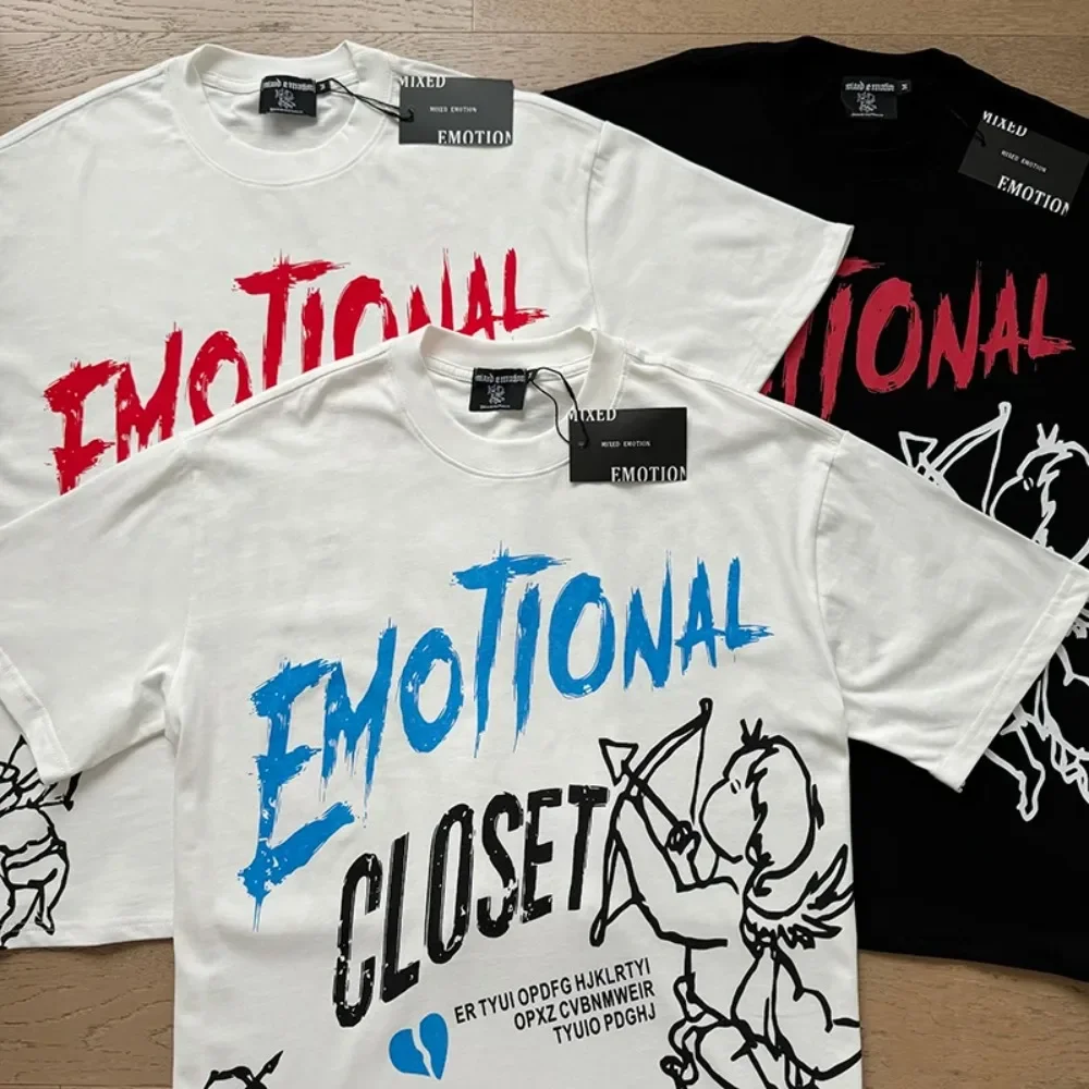 

2025 Men Couple style T-shirt Clothes Real Photo Original Label Angel Letter Print MIXED EMOTION T-shirt Round Neck Short Sleeve