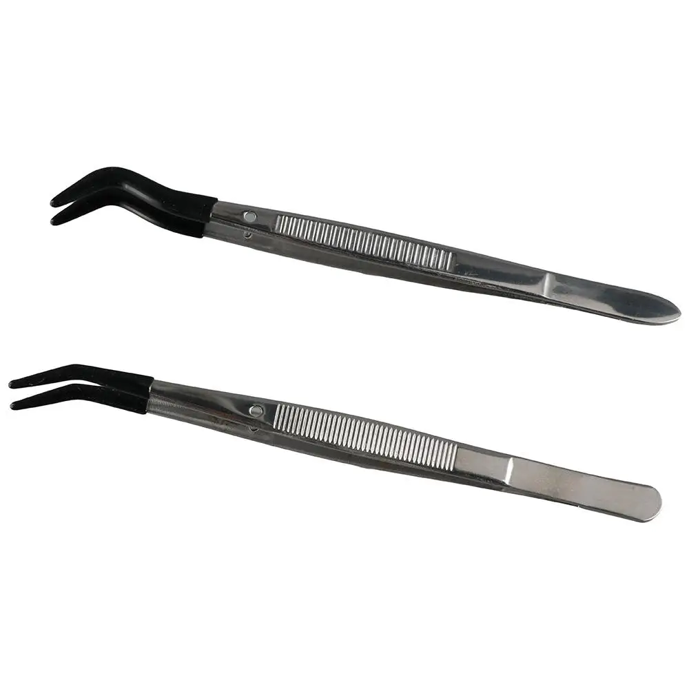 2 Pieces Bent Tip Tweezers Set Long Tweezers with Soft Rubber Tips Stainless Steel Tweezers,Curved Tipped Tweezers