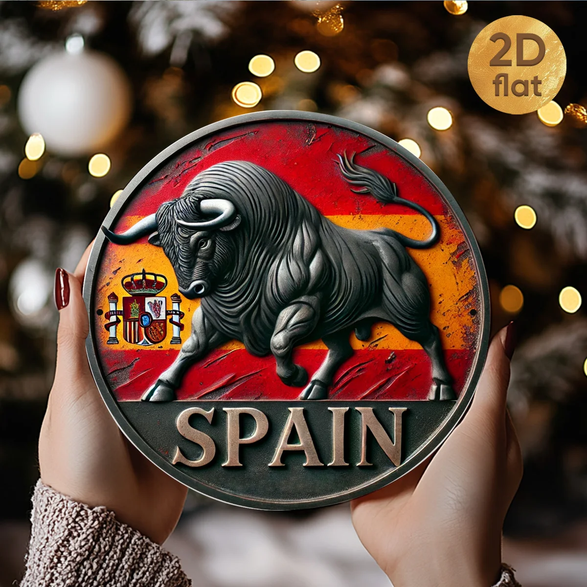2D Flat Spanish Bull Spain Flag Round Metal Tin Sign, Vintage Embossed Spanish Fighting Bull Coat of Arms Wall Decor, Patriotic