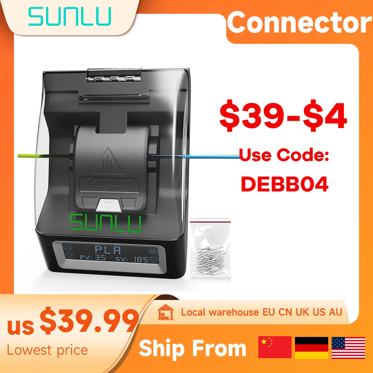 Connettore filamento SUNLU per filamento FC01 da 1,75 mm facile da collegare per PLA PETG ABS TPU tutti i filamenti della stampante 3D 200 pezzi Manicotto in PTFE