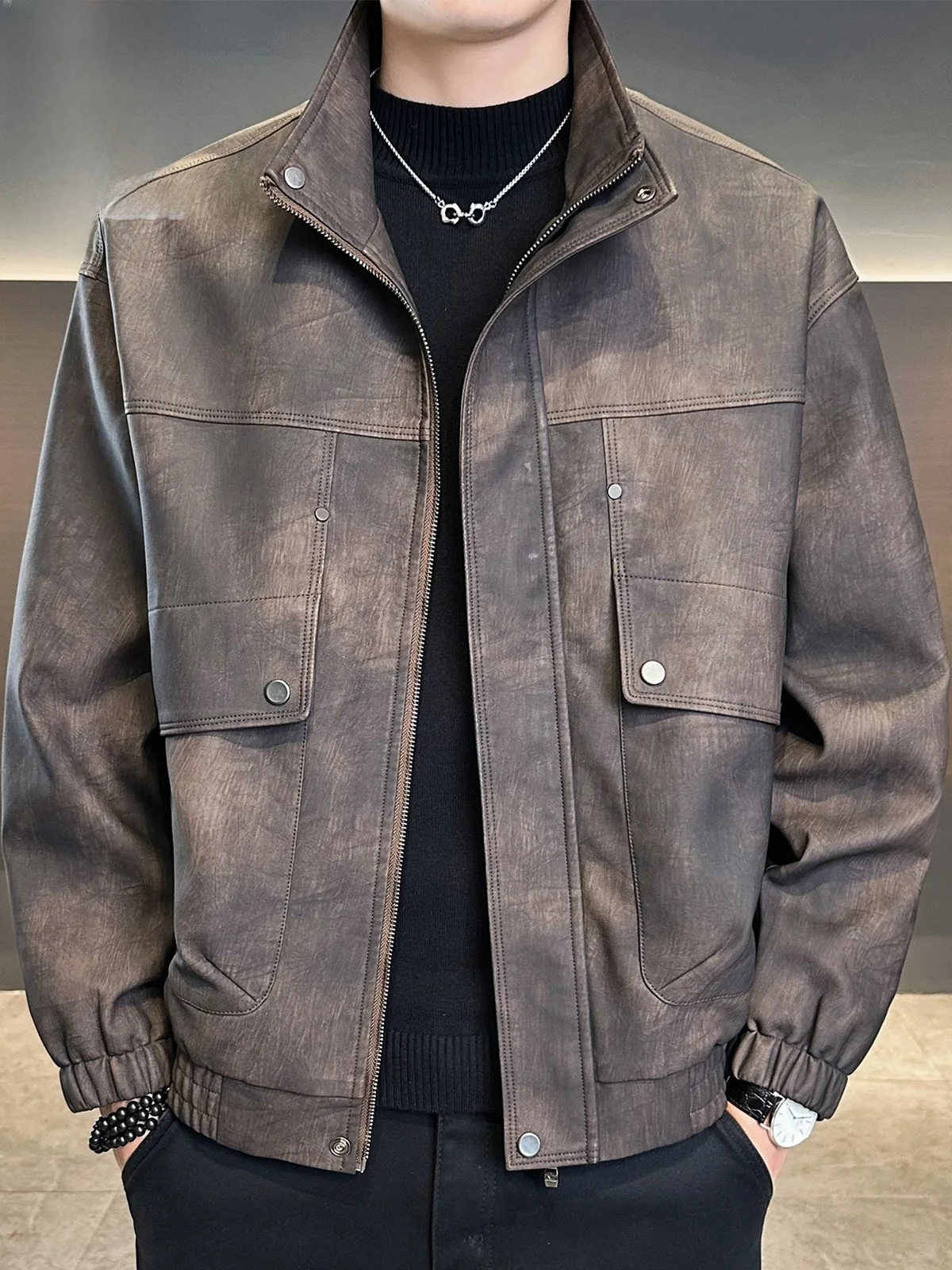 

Мужская ретро-куртка-косуха из искусственной кожи, весна 2026, повседневная, модная, молодежная, энергичная, с длинными рукавами, на молнии