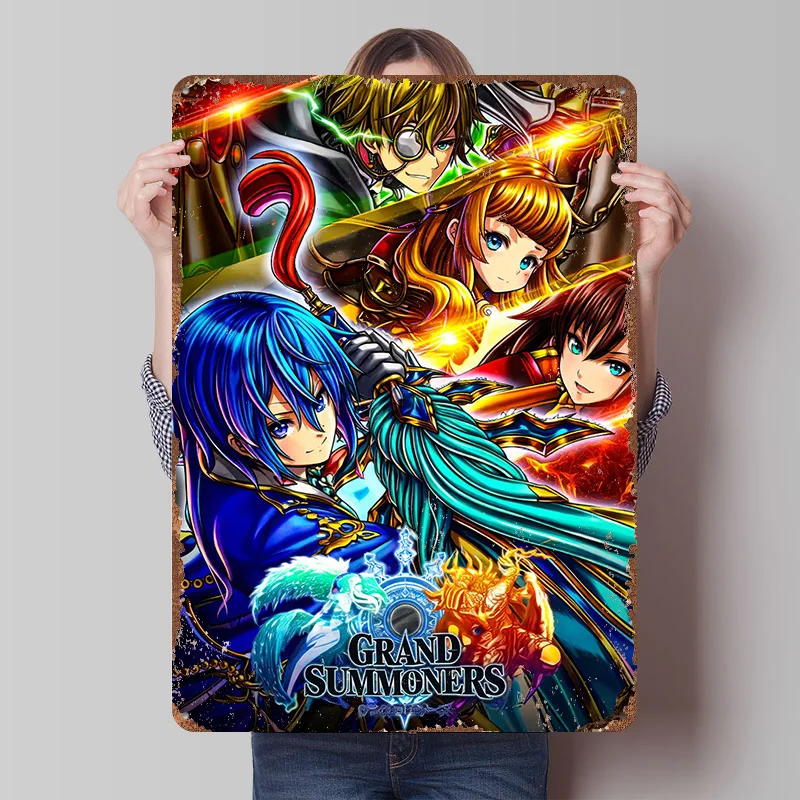 Grand Summoners Anime-Charaktere Bedrucktes Poster Maßgefertigte Retro-Wandkunst Vintage Metallschilder zur Dekoration Ästhetisches Haus