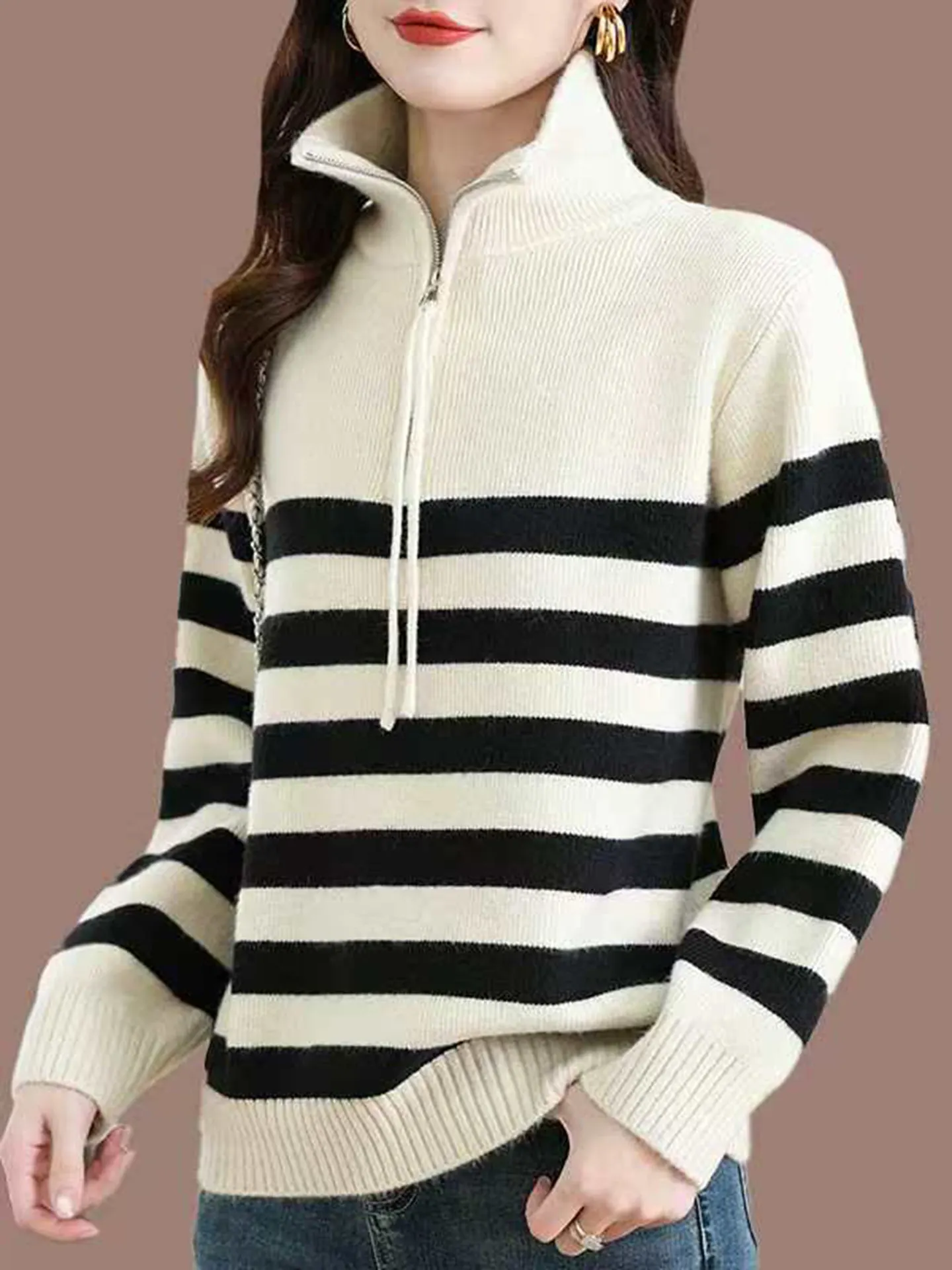 

Ladies f Zipper Knitwear Casual Loose Fit Warm Striped Inner irt Sli Autumn Winter Top Faionable Turn-down Collar
