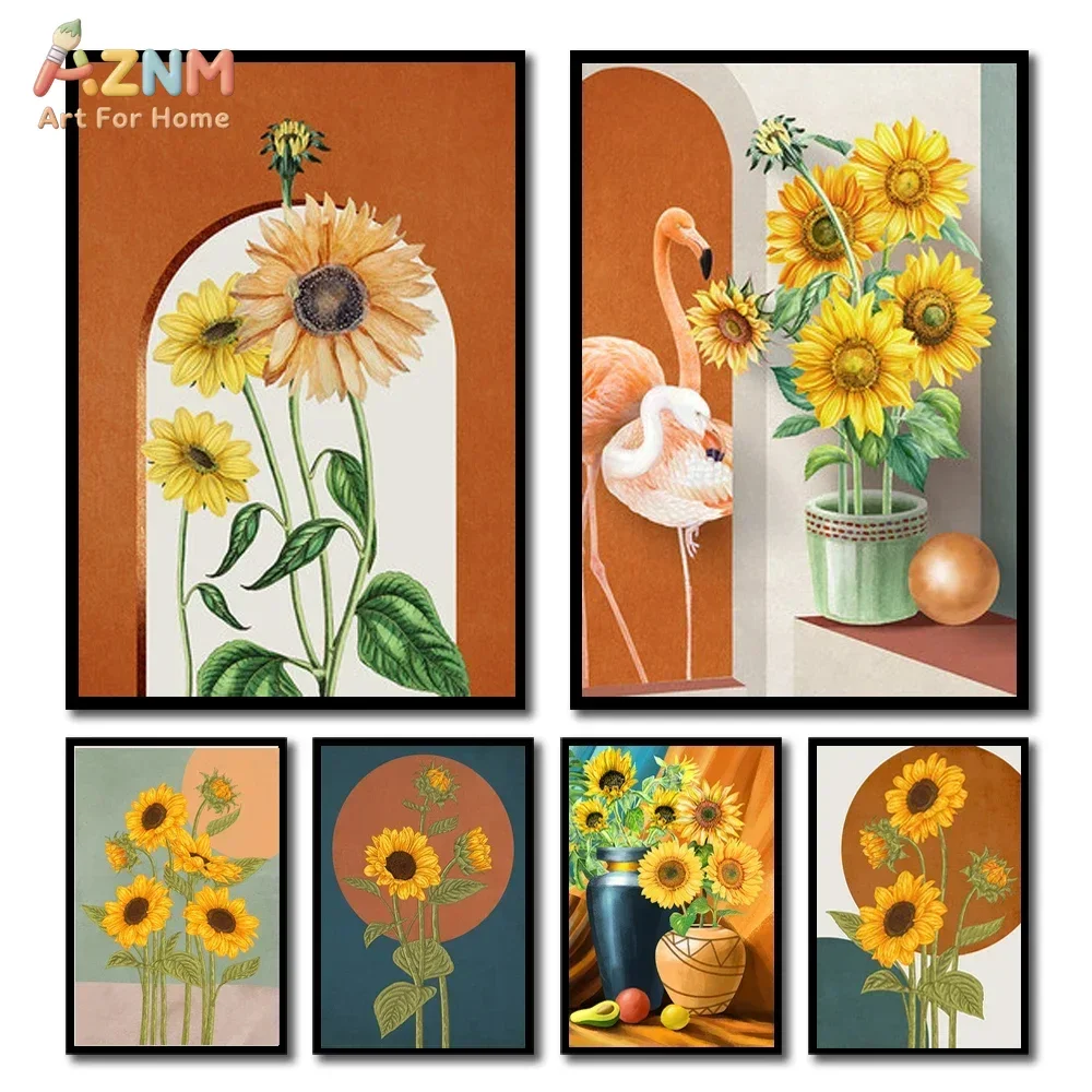 AZNM Boho Sunflower Canvas Wall Art Pink Flamingo Vase Fruit Terracotta Abstract Floral Living Room Decor Unframed Canvas Poster