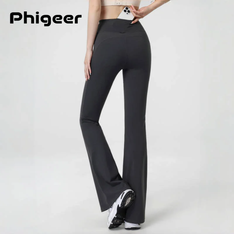 

PHIGEER Брюки для йоги с подтяжкой ягодиц, женские расклешенные брюки с высокой талией, облегающие брюки для пилатеса, леггинсы для бега с карманами, новинка