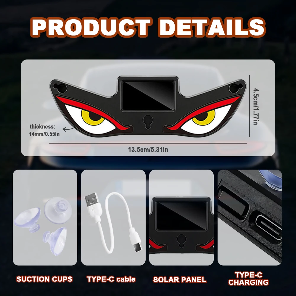 Solar Devil Eye Car Dynamic Expression LED Light Demon's Eye With Suction Cup Rechargeable Ambience Lamp Decoration